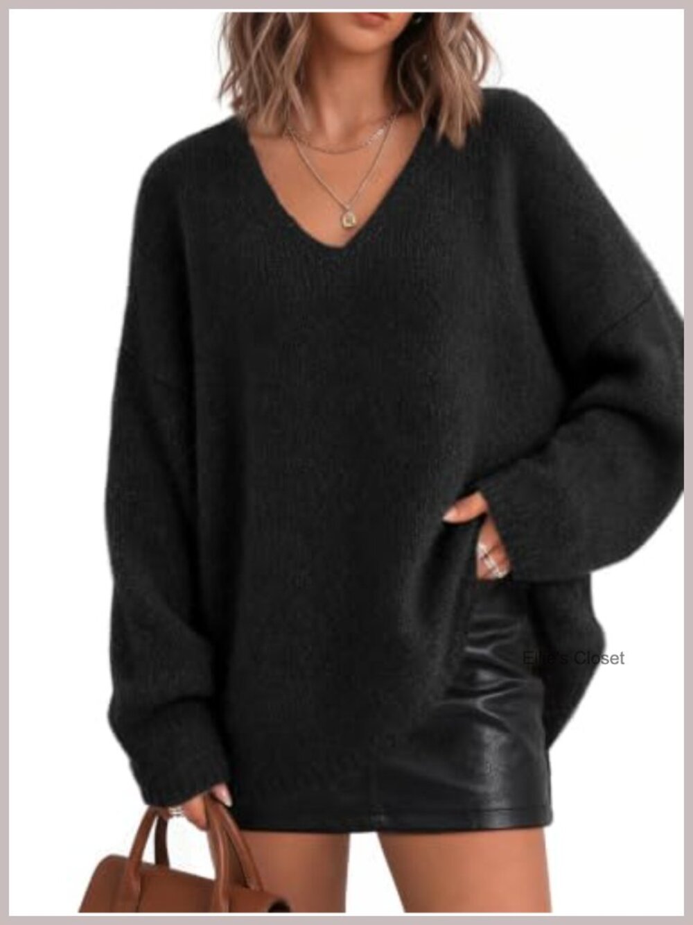 Oversized V-Neck Chunky Knit Pullover Sweater Slouchy Lantern Sleeve